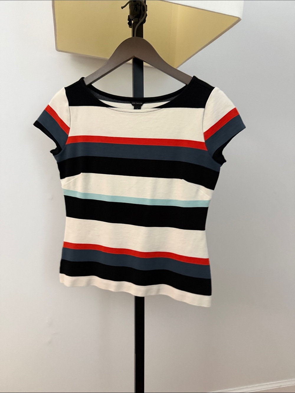 Ann Taylor Striped Short-Sleeve Tee in Black, White & Red